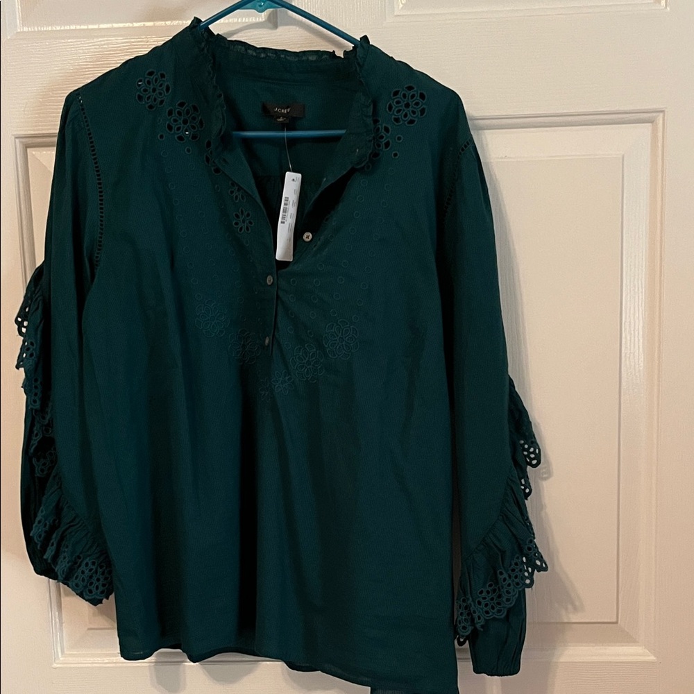 NWT J. Crew Green Eyelet Ruffle sleeve top